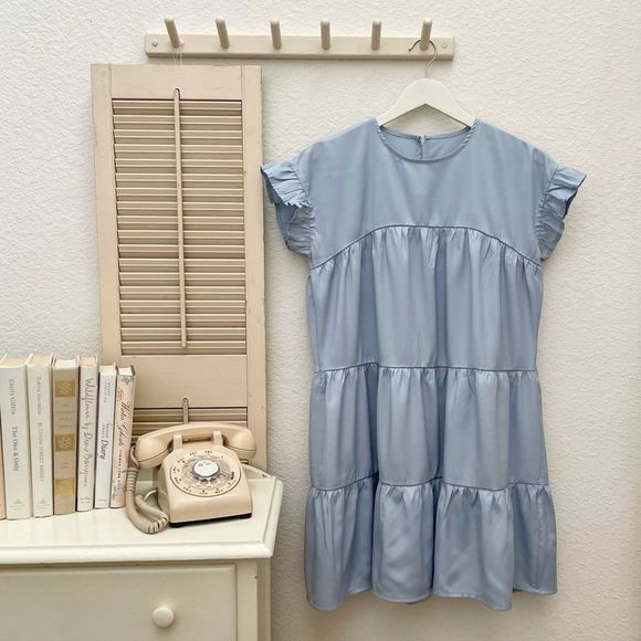 Tiered Baby Doll Dress, Ruffle Sleeves, Soft Blue, Effortless & Feminine… - Picture 7 of 9